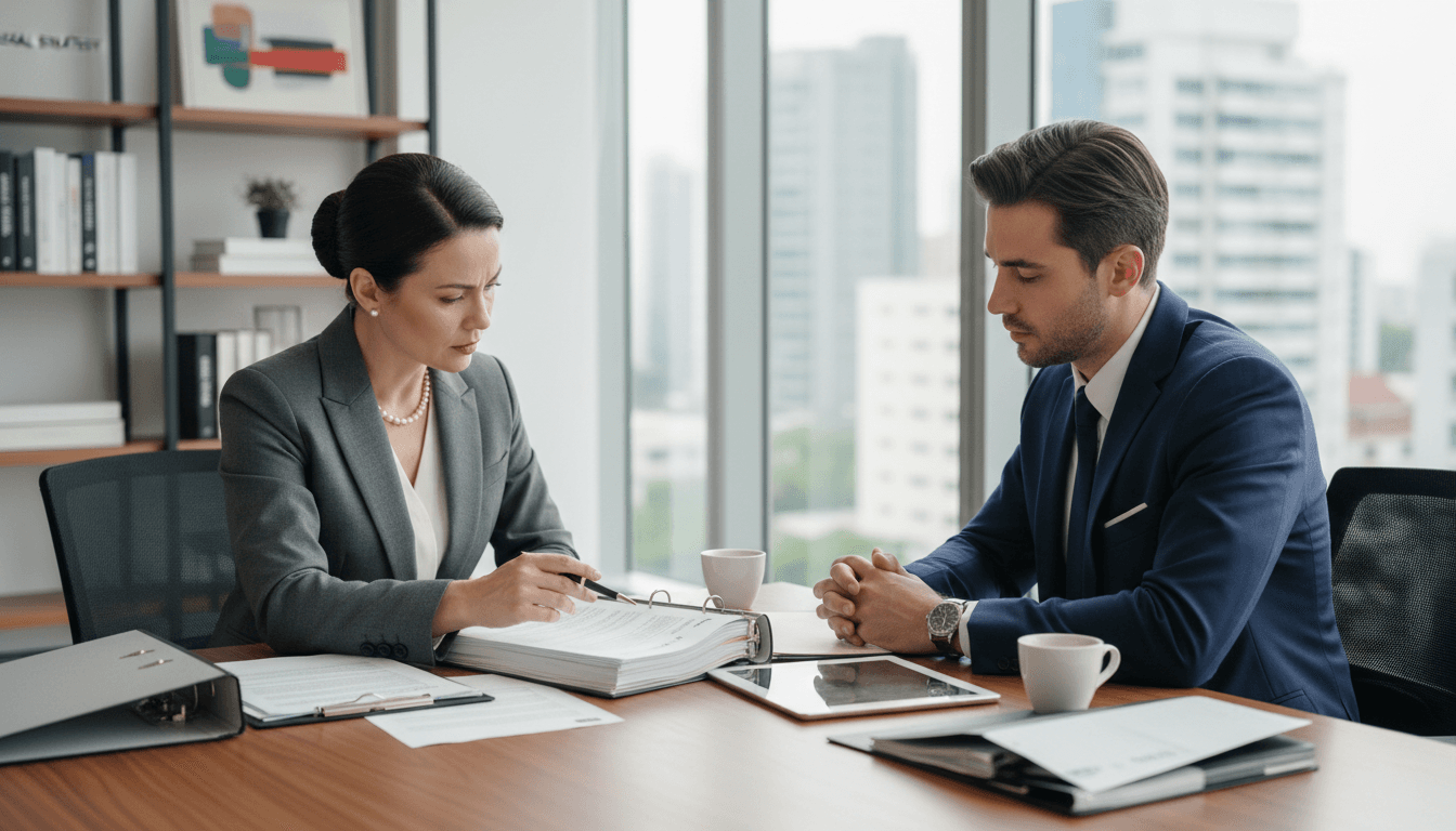 Abogado profesional en oficina moderna revisando documentos legales con cliente